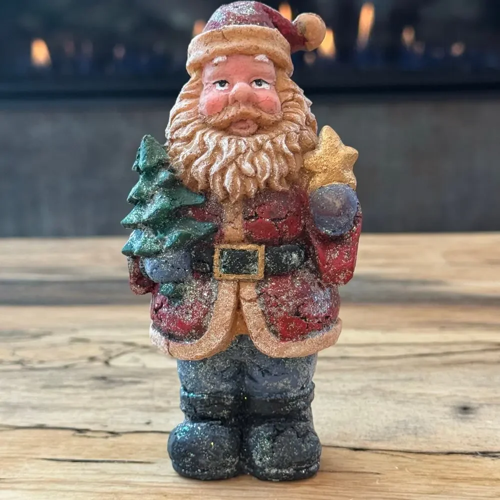 Vintage Style Old World Santa Claus Figurines Set of 3 Rustic Carved Wood Look